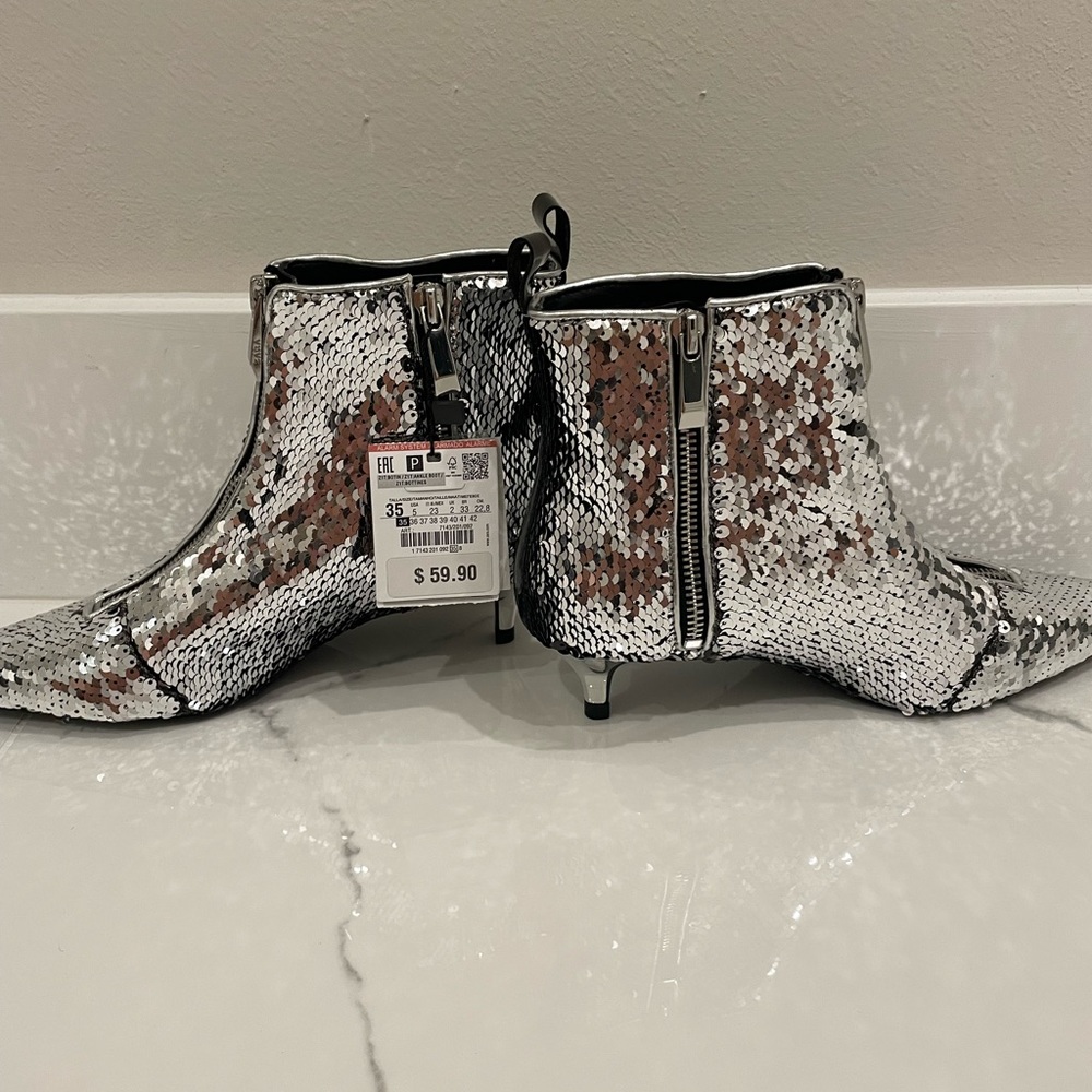 ZARA SILVER SEQUIN ZIPPER ANKLE BOOTIE sz 5/35 BRAND NEW W/TAGS